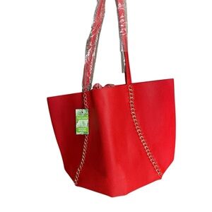 Badgley Mischka Elegant Red Tote with Chain Accents vegan leather